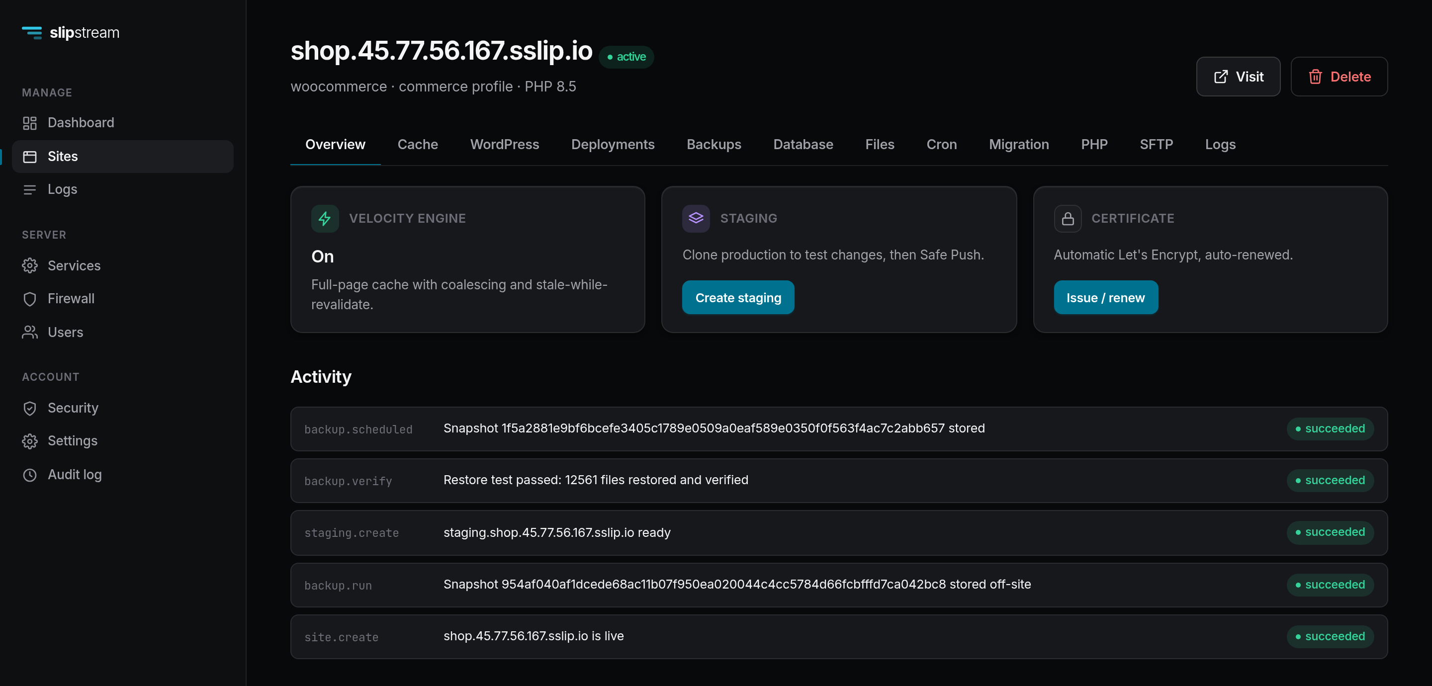 A site in dark mode